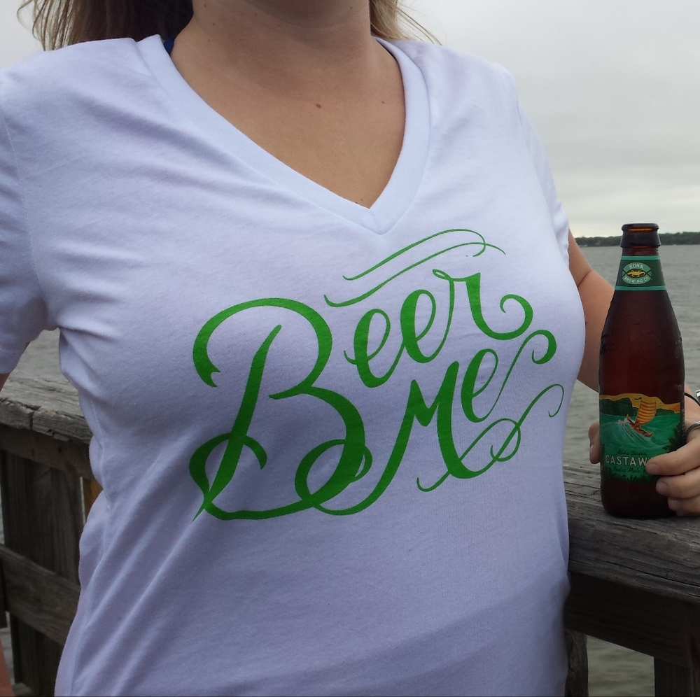 Beer Me White V-Neck Tee – Green Script Graphic Shirt Fun Novelty Top Multi Size